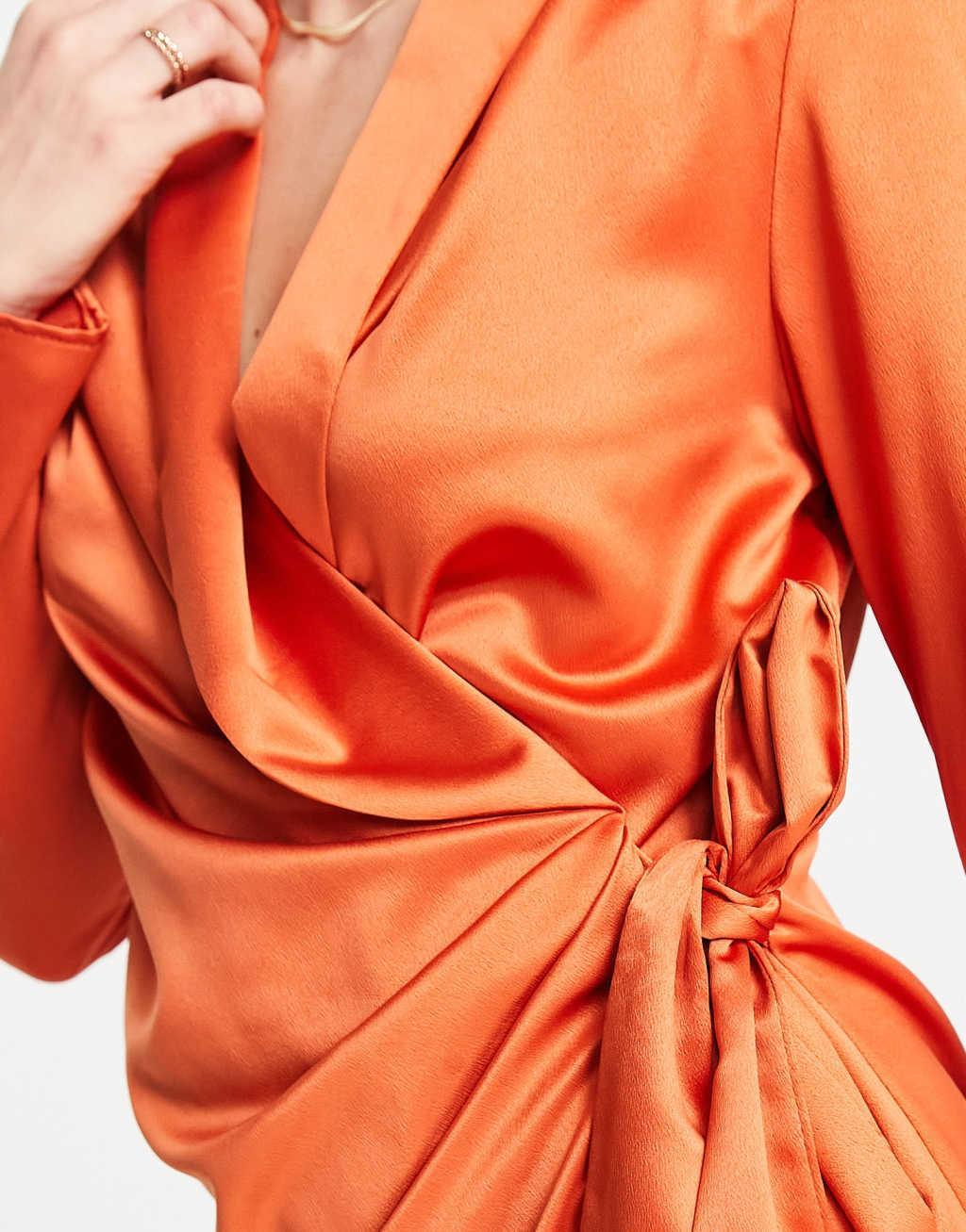 River Island Tall satin wrap blazer dress in orange Product Image