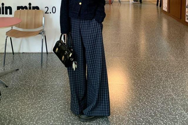 Button-Up Plain Crop Jacket / High Waist Plaid Wide Leg Pants Product Image