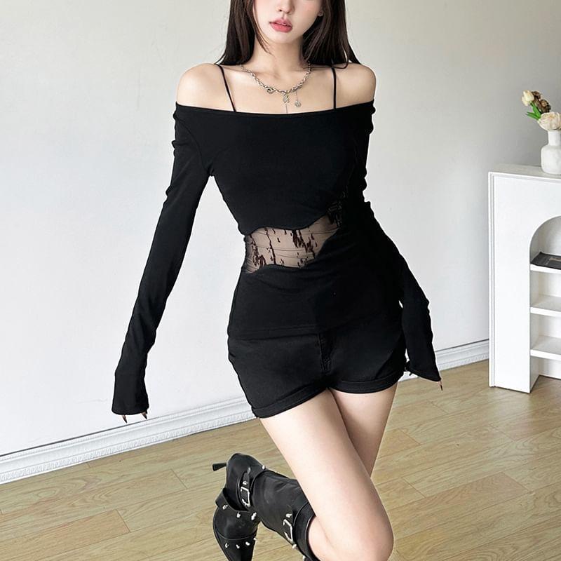 Long-Sleeve Cold-Shoulder Plain Lace Panel Tee Product Image