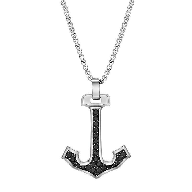 LYNX Mens Stainless Steel Black Cubic Zirconia Anchor Pendant Necklace White Product Image