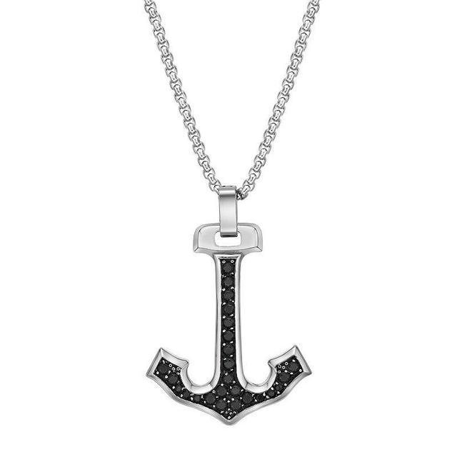 LYNX Mens Stainless Steel Black Cubic Zirconia Anchor Pendant Necklace White Product Image