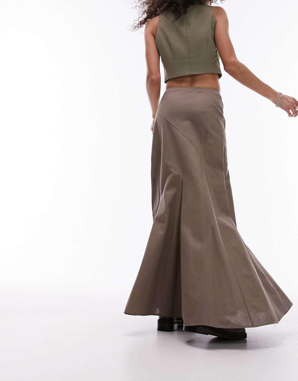 Topshop tiered Disjointed Midi Skirt in Taupe Product Image