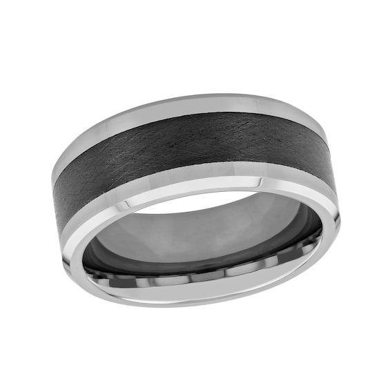 Men's 9.0mm Beveled Edge Comfort-Fit Engravable Wedding Band in Tungsten with Brushed Black Ceramic Inlay (1 Line) Product Image