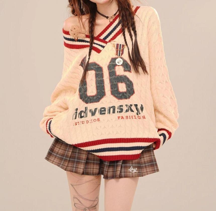 V-Neck Lettering Number Print Cable-Knit Oversized Sweater / Plain Shirt Product Image