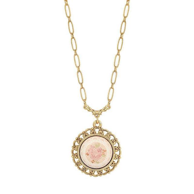 1928 Gold Tone Floral Cross Stitch Round Enamel Necklace, Womens Pink Product Image