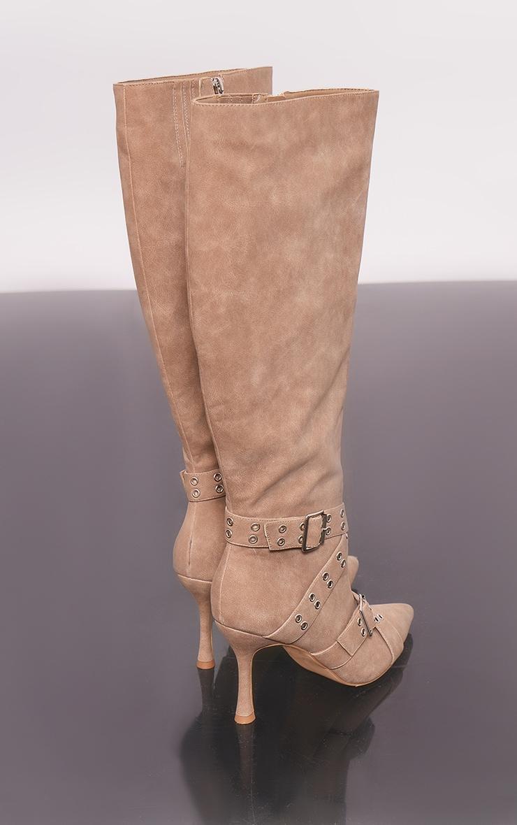 Beige Faux Suede Point Toe Buckle Strap Knee High Heeled Boots Product Image