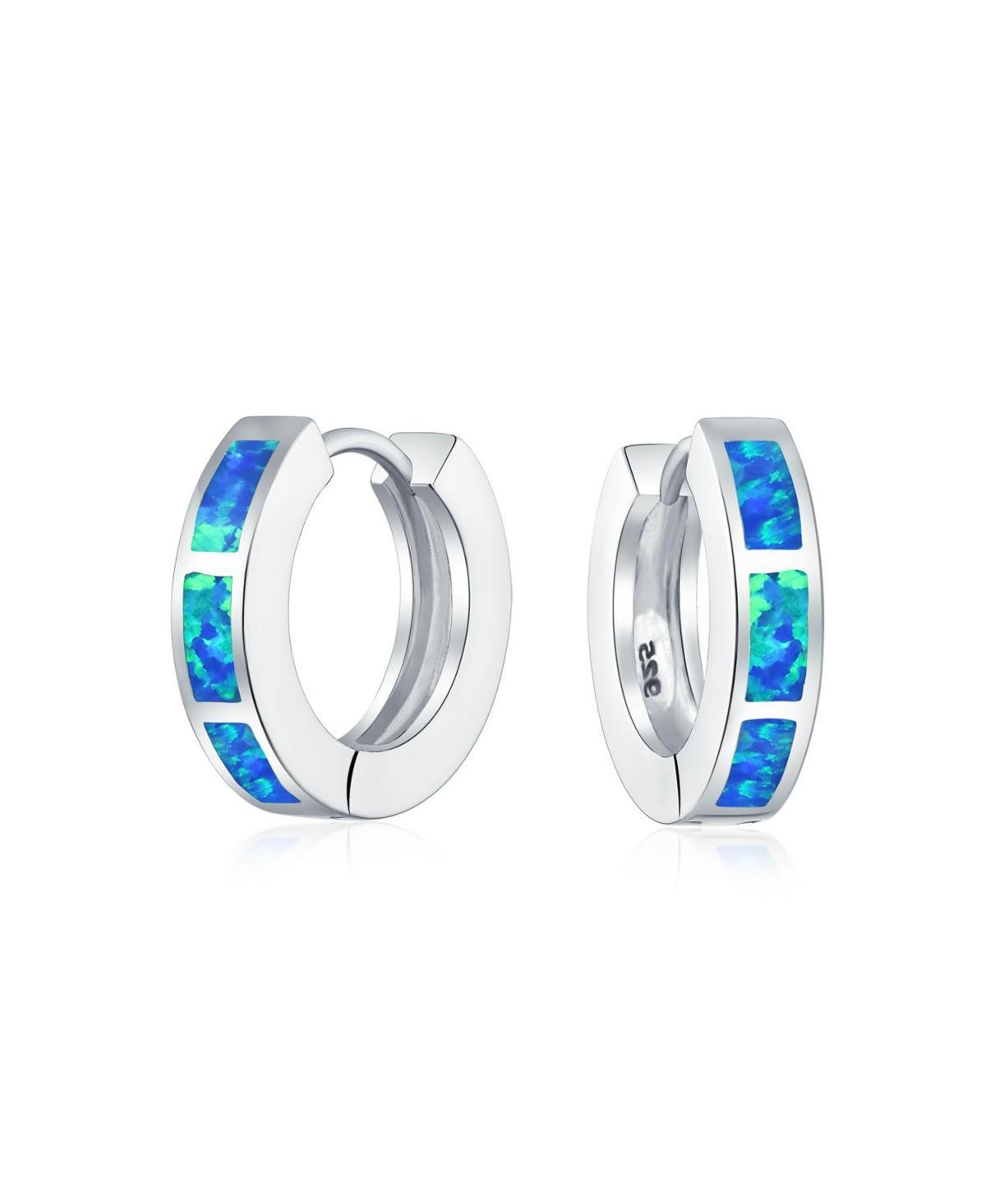 Blue Created Opal Inlay Iridescent Huggie Hoop Earrings For Women .925 Sterling Silver October Birthstone Product Image