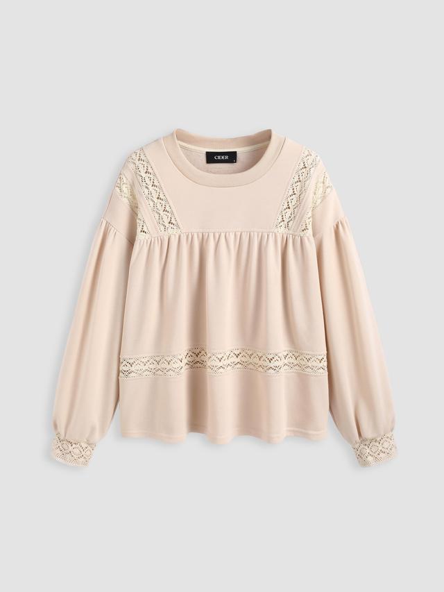 Terry Round Neckline Lace Sweatshirt Product Image