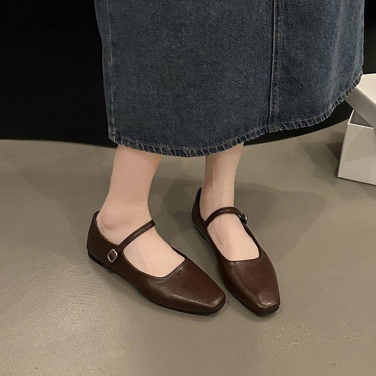 Plain Buckled Faux Leather Mary Jane Flats Product Image