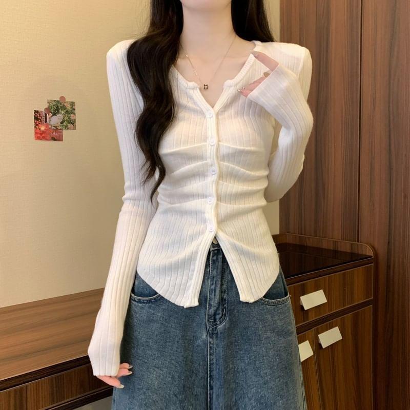 Long-Sleeve Notch Neck Plain Ribbed Button Knit Top Product Image