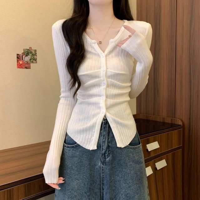 Long-Sleeve Notch Neck Plain Ribbed Button Knit Top Product Image