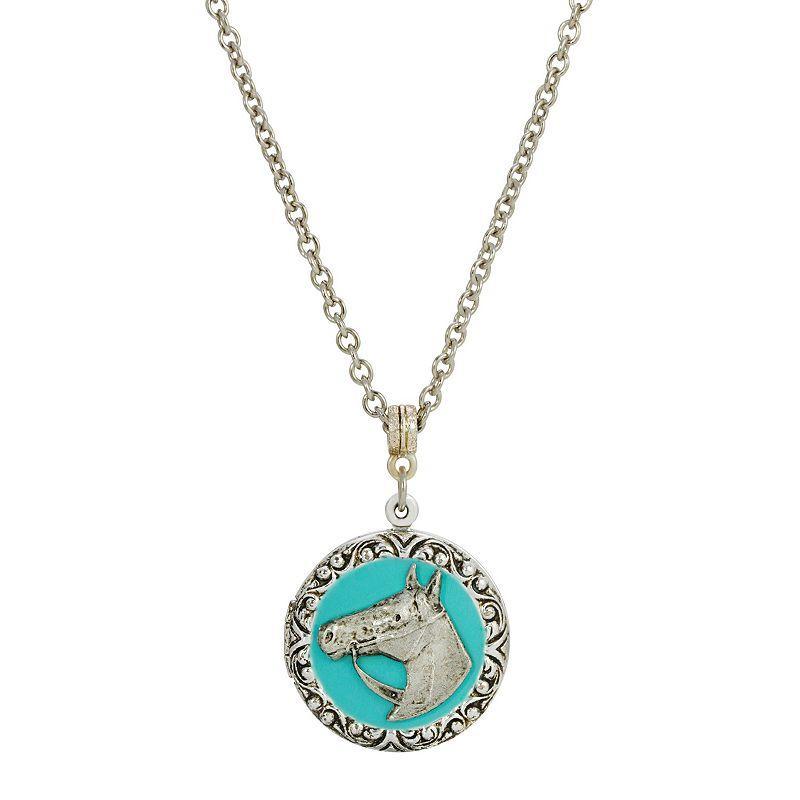 1928 Jewelry Silver Tone Turquoise Enamel Horse Necklace -24" Product Image