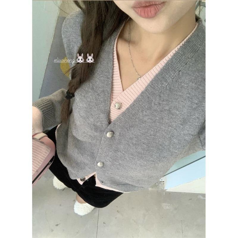 V-Neck Two Tone Mock Two-Piece Cardigan Product Image