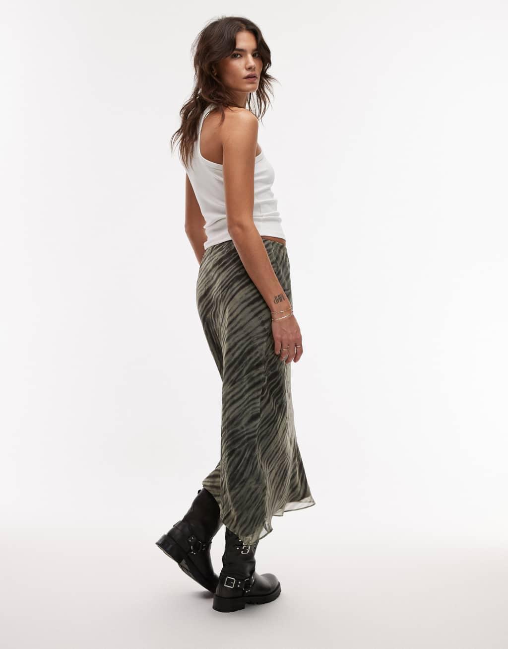 Mango zebra print maxi skirt in green Product Image