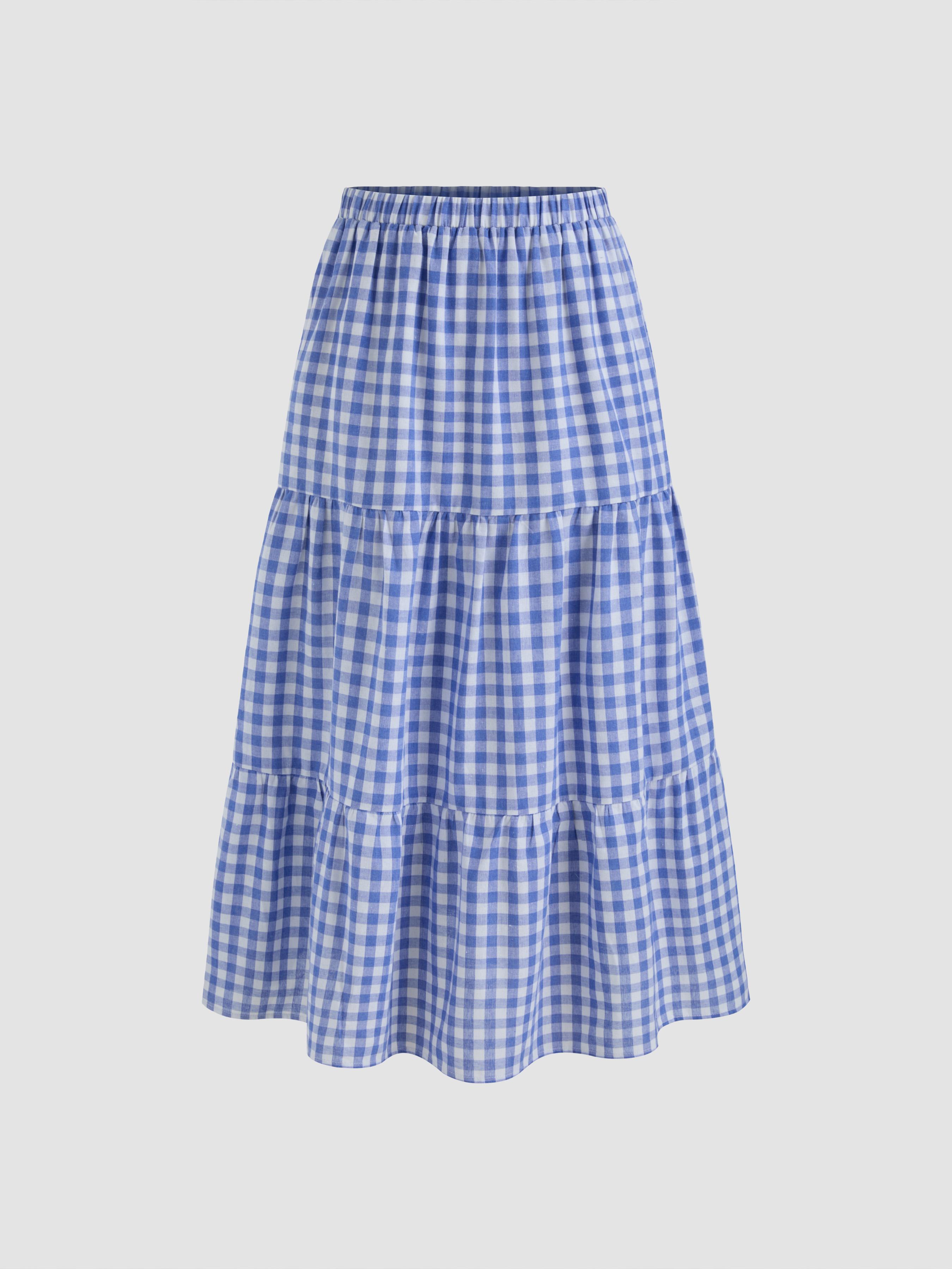 Woven High Rise Gingham Tiered Midi Skirt Product Image