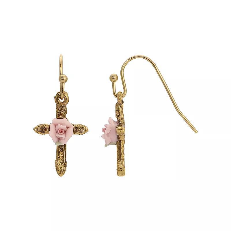 1928 Gold Tone Porcelain Rose Cross Drop Earrings, Womens, Pink Product Image