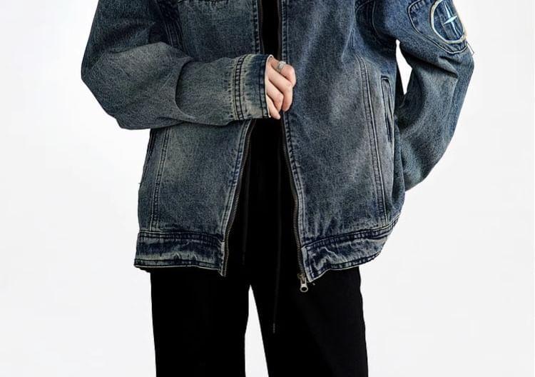 Band Collar Washed Denim Zip Jacket Product Image