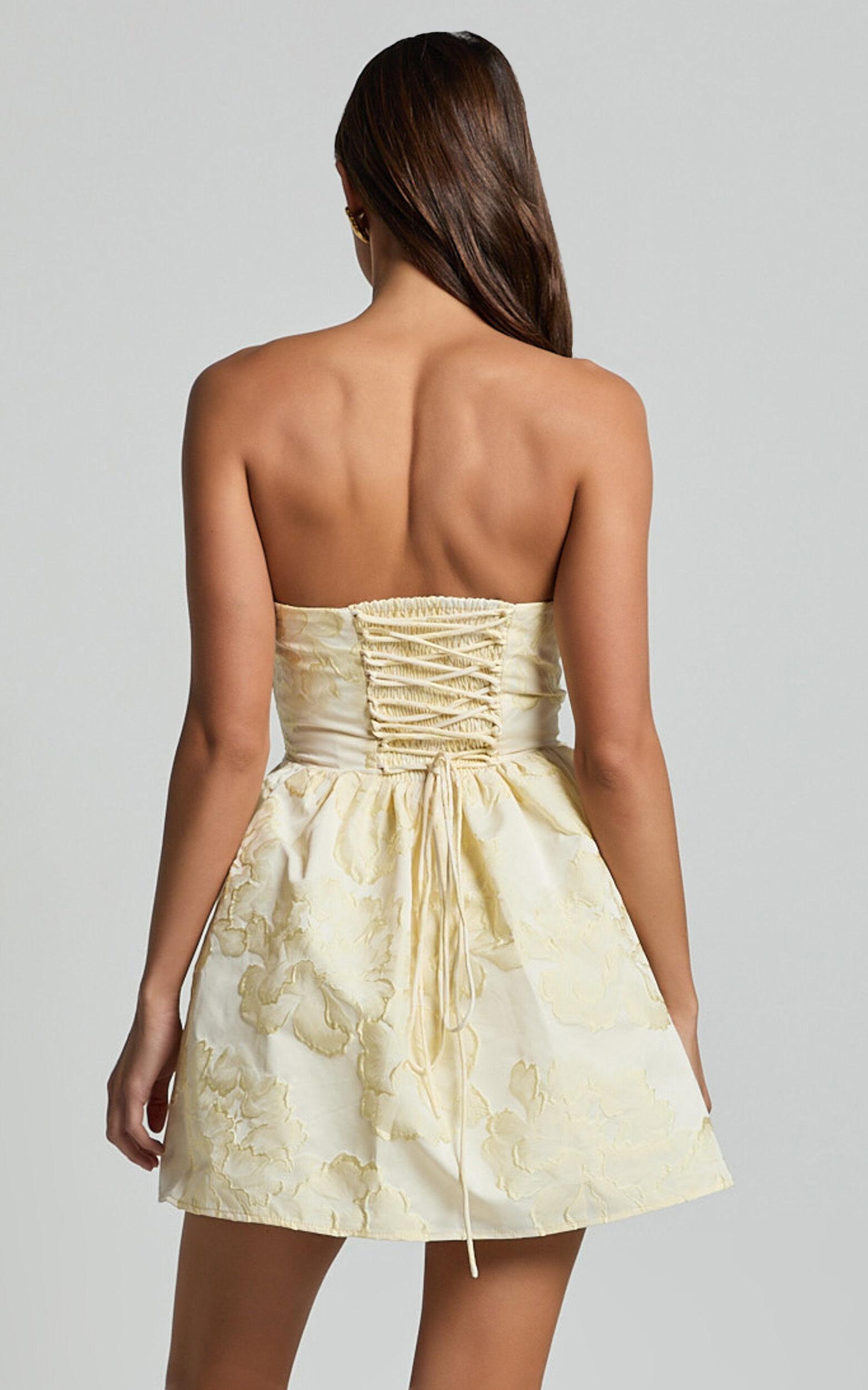 Laure Mini Dress - Strapless Jacquard Dress in Lemon Product Image