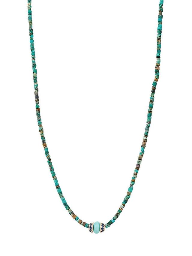 Mens Blue Sapphire, Turquoise, & 14K Yellow Gold Beaded Necklace Product Image