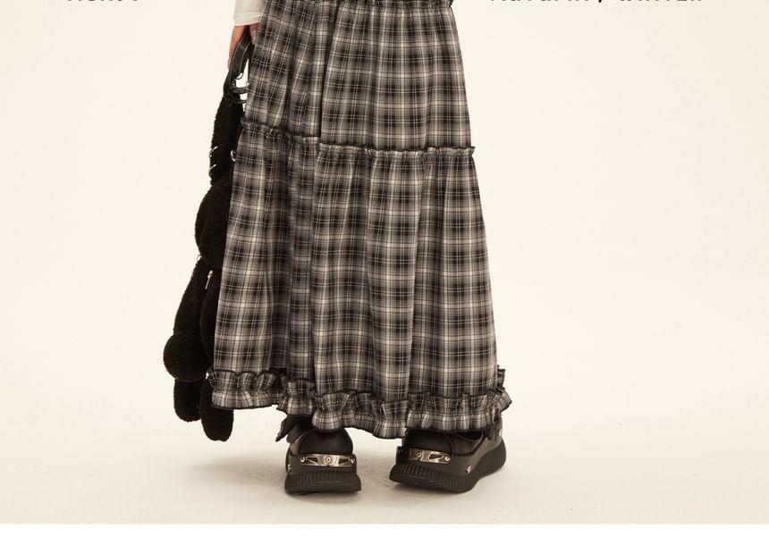 High Rise Ruffle Trim Plaid A-Line Maxi Skirt Product Image