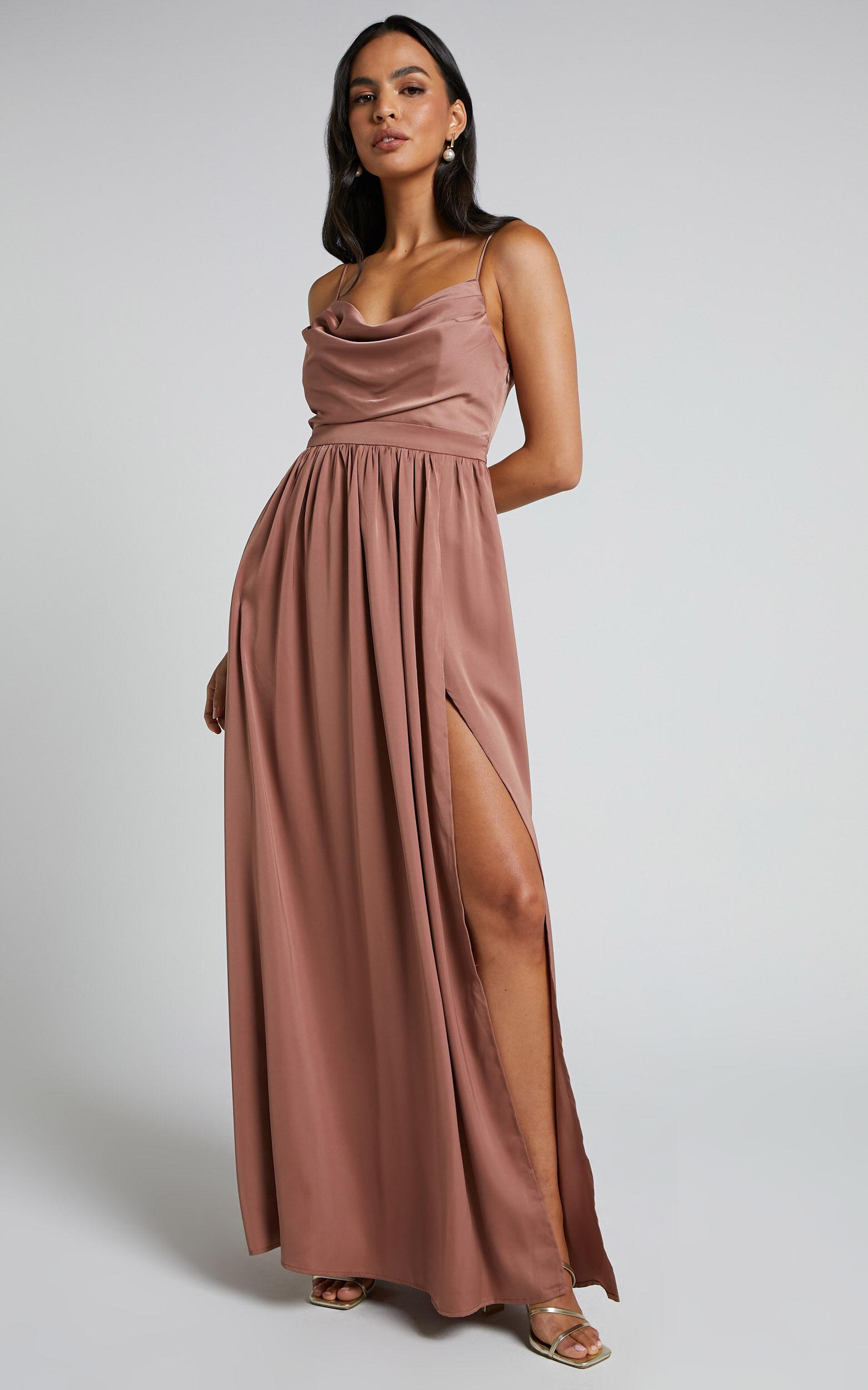 Gemalyn Maxi Dress - Cowl Neck Thigh Split Dress in Dusty Rose Product Image