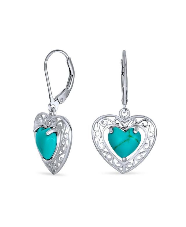 Bali Style Stabilized Turquoise Heart Shape Fish Hook Drop Earrings For Women Scroll Filigree .925 Sterling Silver Product Image