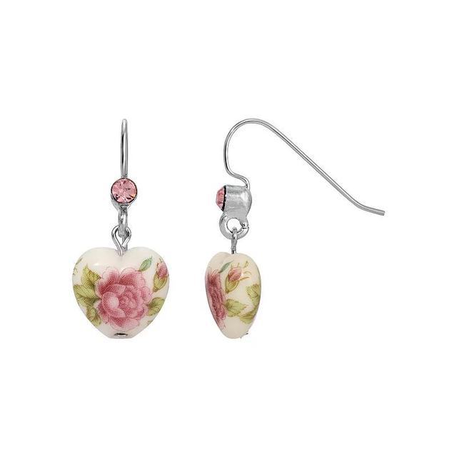 1928 Silver Tone Heart Floral Decal Drop Earrings, Womens, Pink Product Image