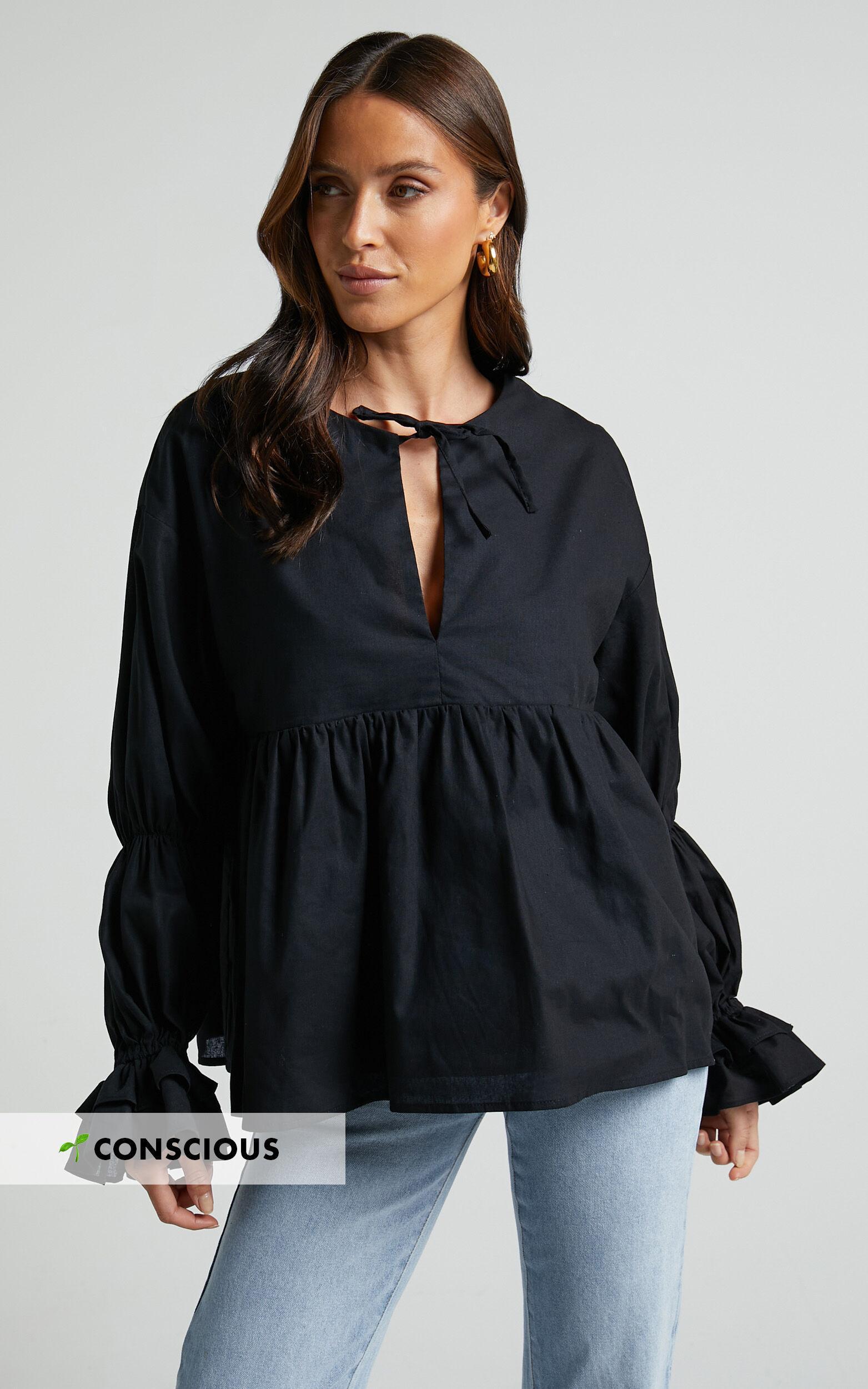 Arthur Top - Linen Look Long Sleeve V Neck Tiered Top in Black product image