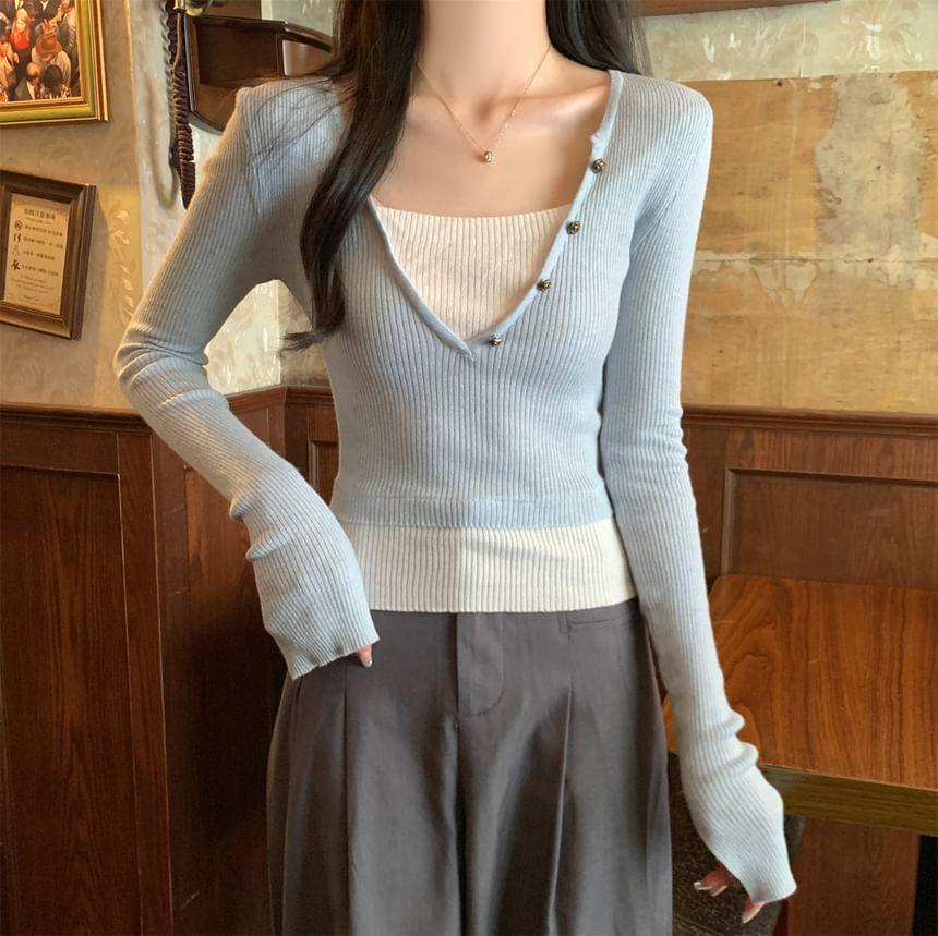 Long Sleeve V-Neck Mock Two Piece Ribbed Knit Top Product Image