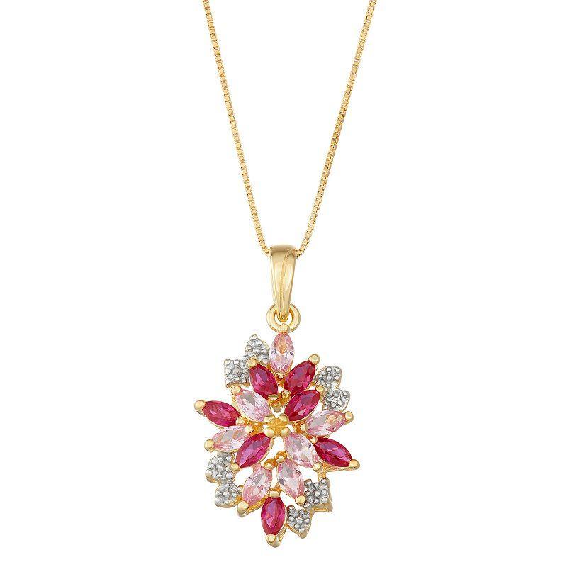 14k Gold Over Silver Lab-Created Ruby & Sapphire Cluster Pendant Necklace, Womens Sterling Product Image