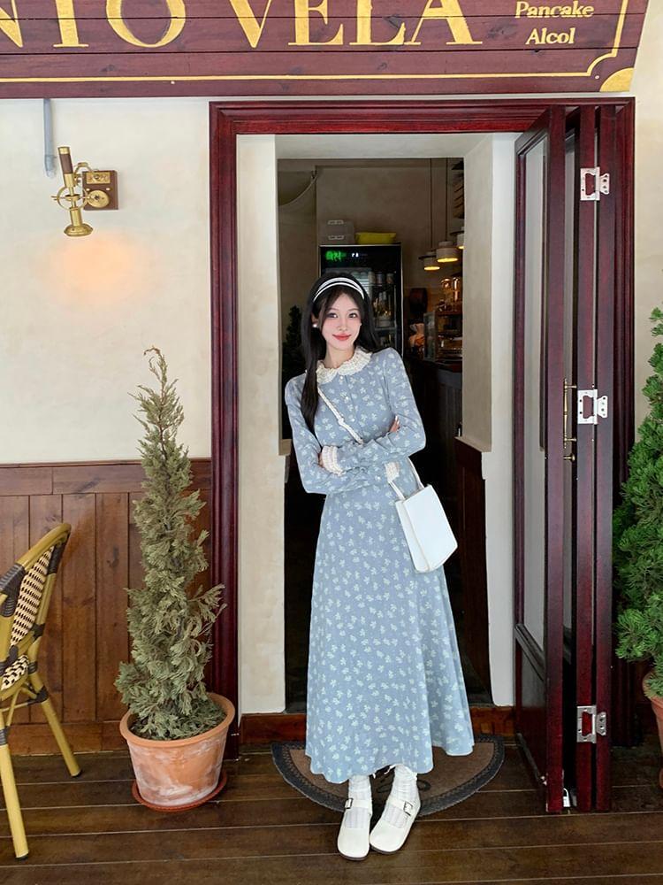 Long Sleeve Peter Pan Collar Floral Print Maxi A-Line Dress Product Image