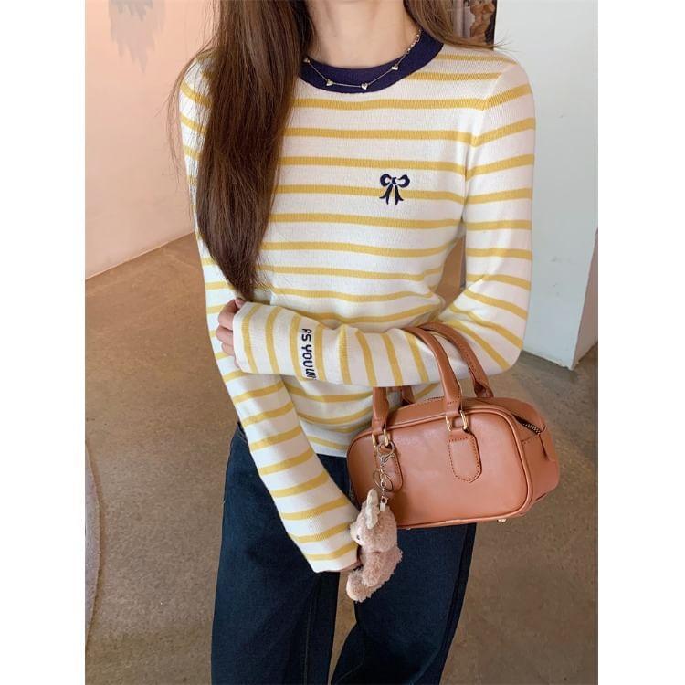 Long Sleeve Crew Neck Striped Cropped Knit Top Product Image