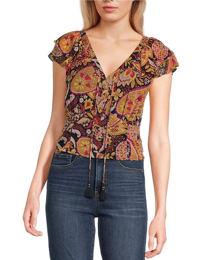 Jessica Simpson Dixie Large Floral Print Short Sleeve Cropped Blouse Product Image