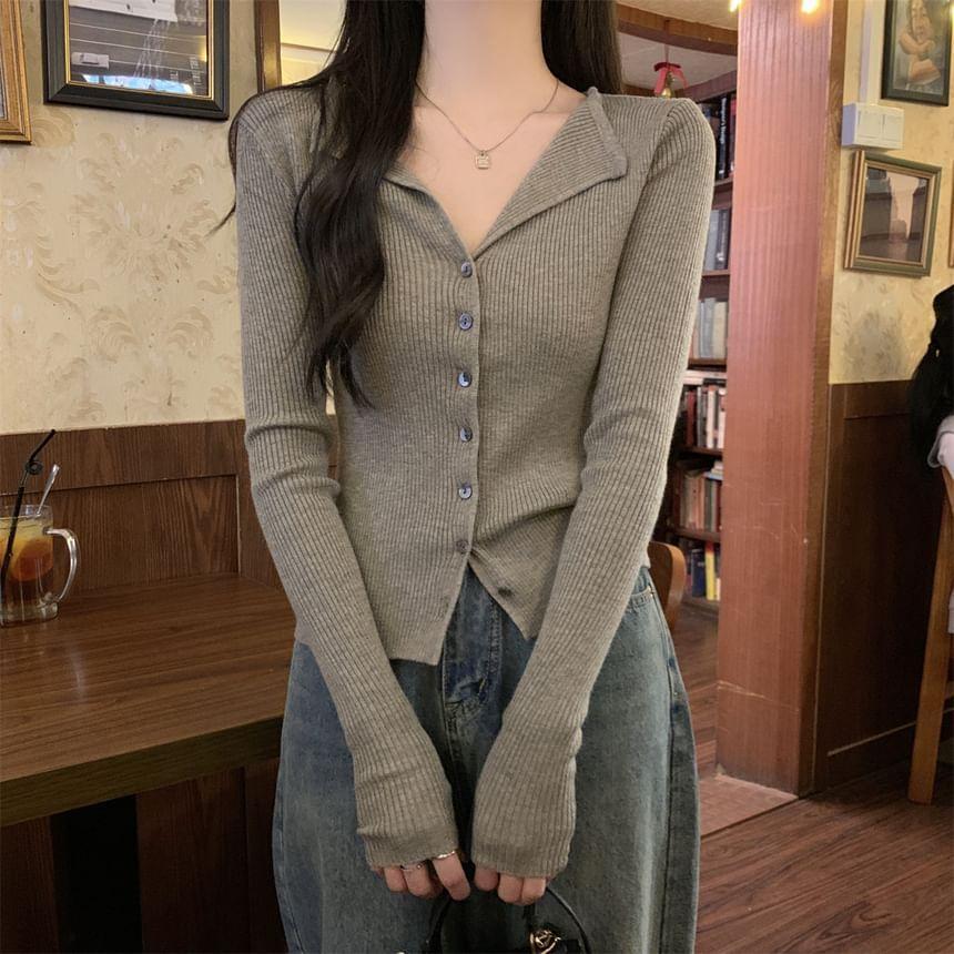 Split Neck Plain Button-Up Crop Cardigan Product Image