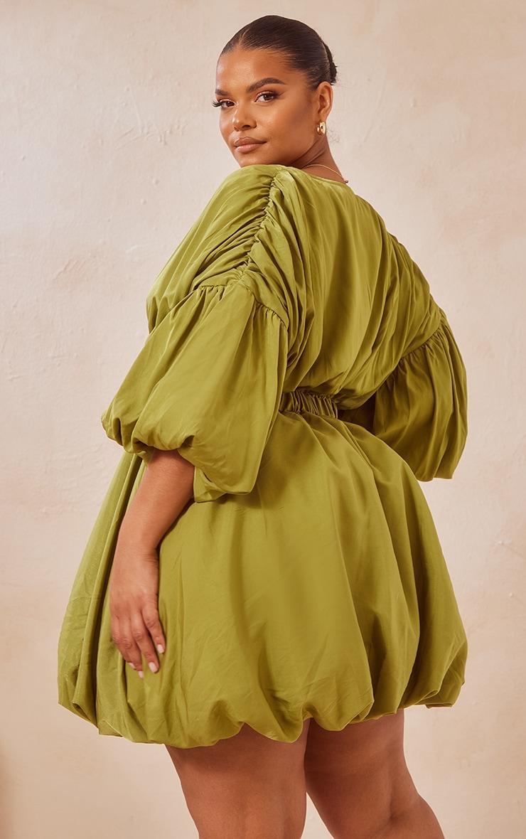 Plus Olive Puff Sleeve Puffball Hem Shift Dress Product Image