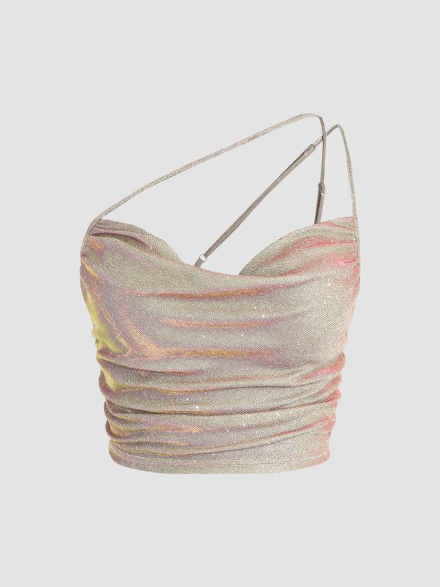 Glitter Ruched Cowl Neck Tank Crop Top Product Image