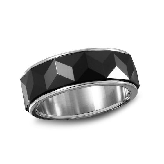 Men's 8.0mm Faceted Stainless Steel and Black Ceramic Wedding Band Product Image