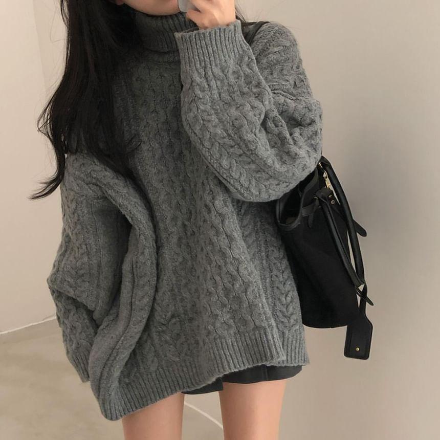 Turtleneck Plain Cable Knitted Oversized Sweater Product Image