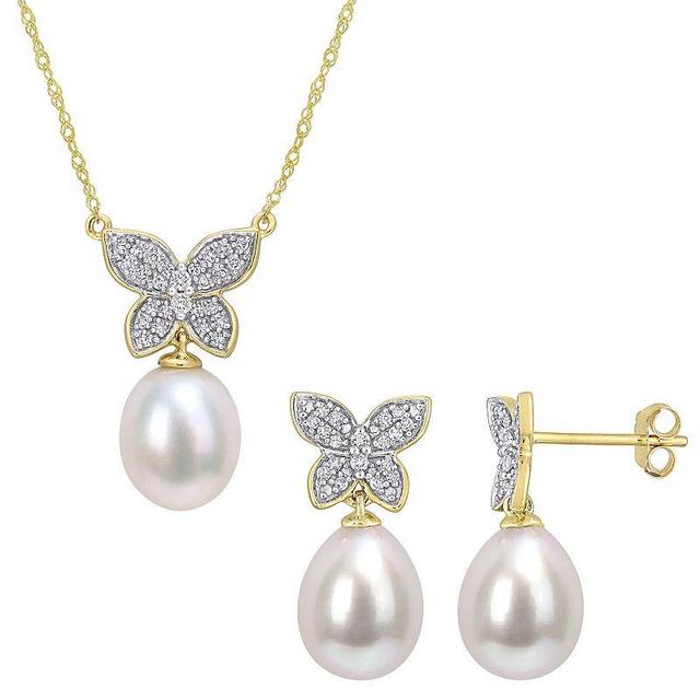 Stella Grace 10k Gold Freshwater Cultured Pearl & 1/4 Carat T.W. Diamond Drop Butterfly Necklace & Earring Set, Womens Product Image