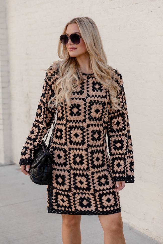 Build Courage Black and Tan Crochet Long Sleeve Lined Mini Dress Product Image