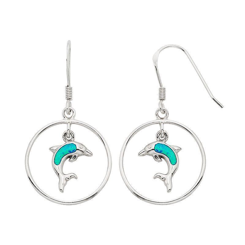 Lab-Created Blue Opal Sterling Silver Dolphin Hoop Drop Earrings, Womens Product Image