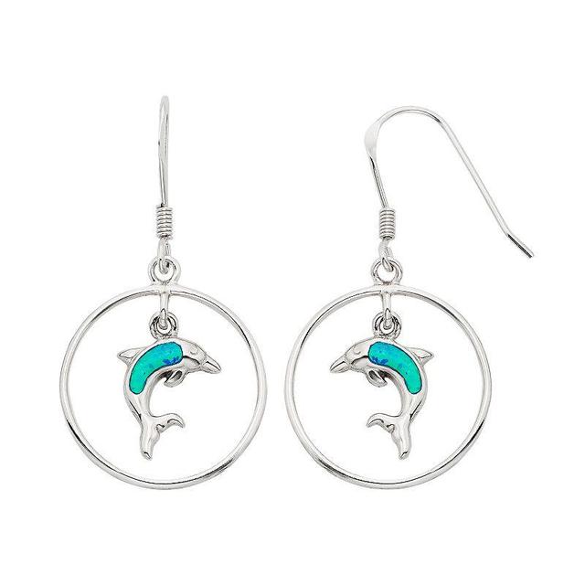 Lab-Created Blue Opal Sterling Silver Dolphin Hoop Drop Earrings, Womens Product Image