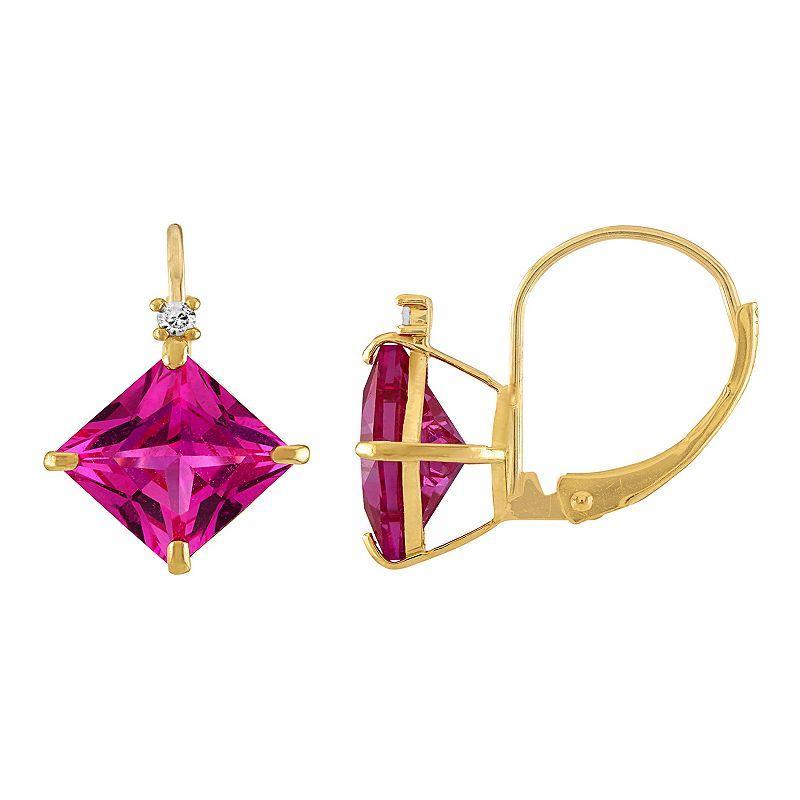 Tiara 10k Gold Lab-Created Pink Sapphire & Diamond Accent Leverback Earrings, Womens, Yellow Product Image