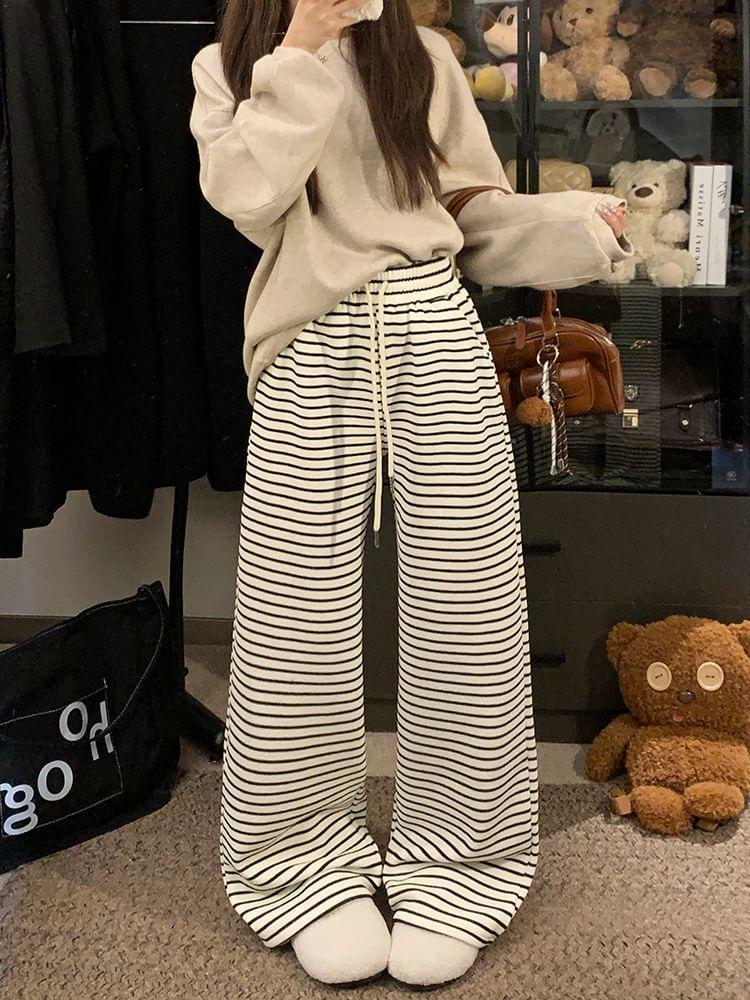 Drawstring Waist Striped Knit Wide Leg Pants Product Image