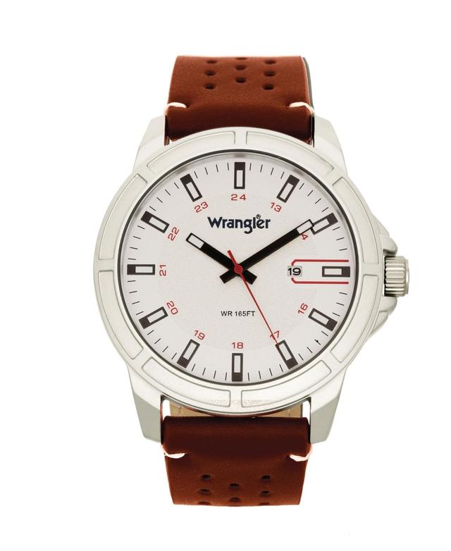 Wrangler Mens, 48MM Silver Case with White Dial, White Index Markers, Sand Satin Dial, Analog, Date Function , Red Second Hand, Brown Strap with Whit Product Image