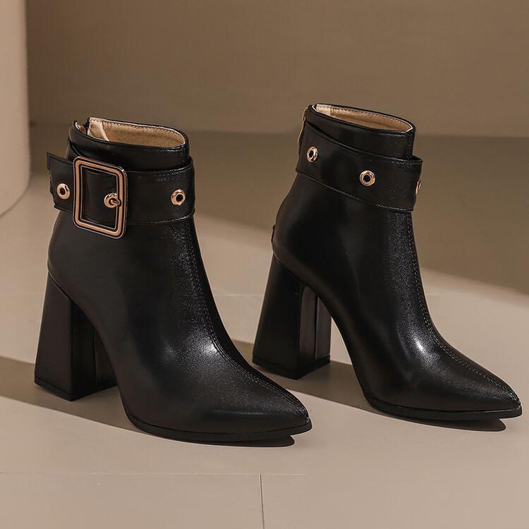 Block Heel Pointed buckled Short Boots Product Image