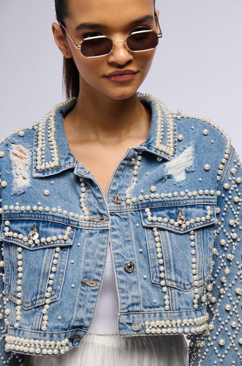 LUCKY YOU CROPPED PEARL DENIM JACKET Product Image