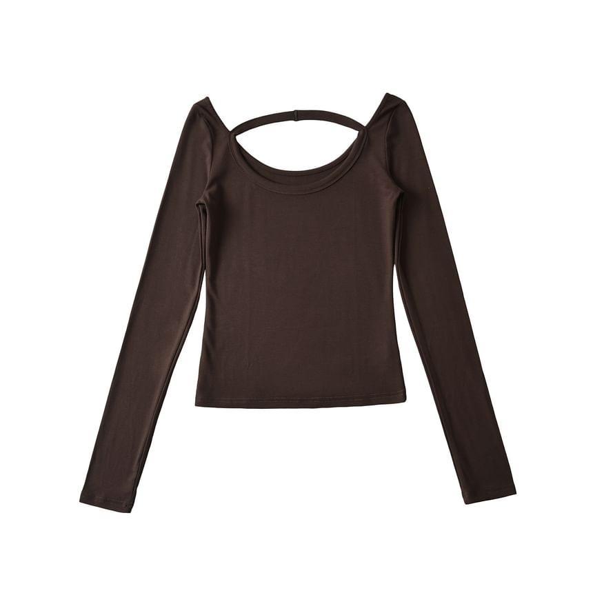 Long Sleeve Cold Shoulder Scoop Neck Plain Ribbed Tee Product Image