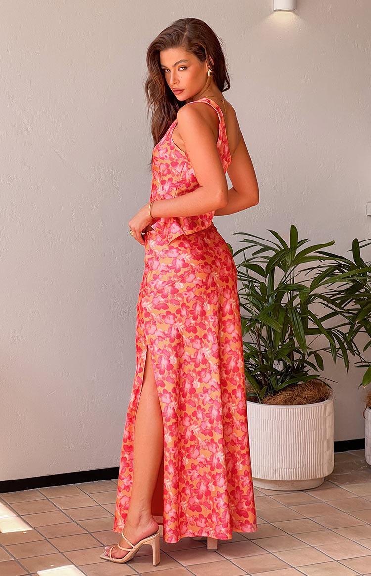 Claudi Orange And Pink Satin Maxi Skirt Product Image