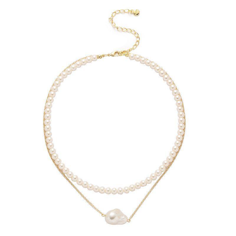 Roman 14k Gold Plated Glass Simulated Baroque Pearl Strand & Drop Double-Strand Necklace, Womens White Product Image